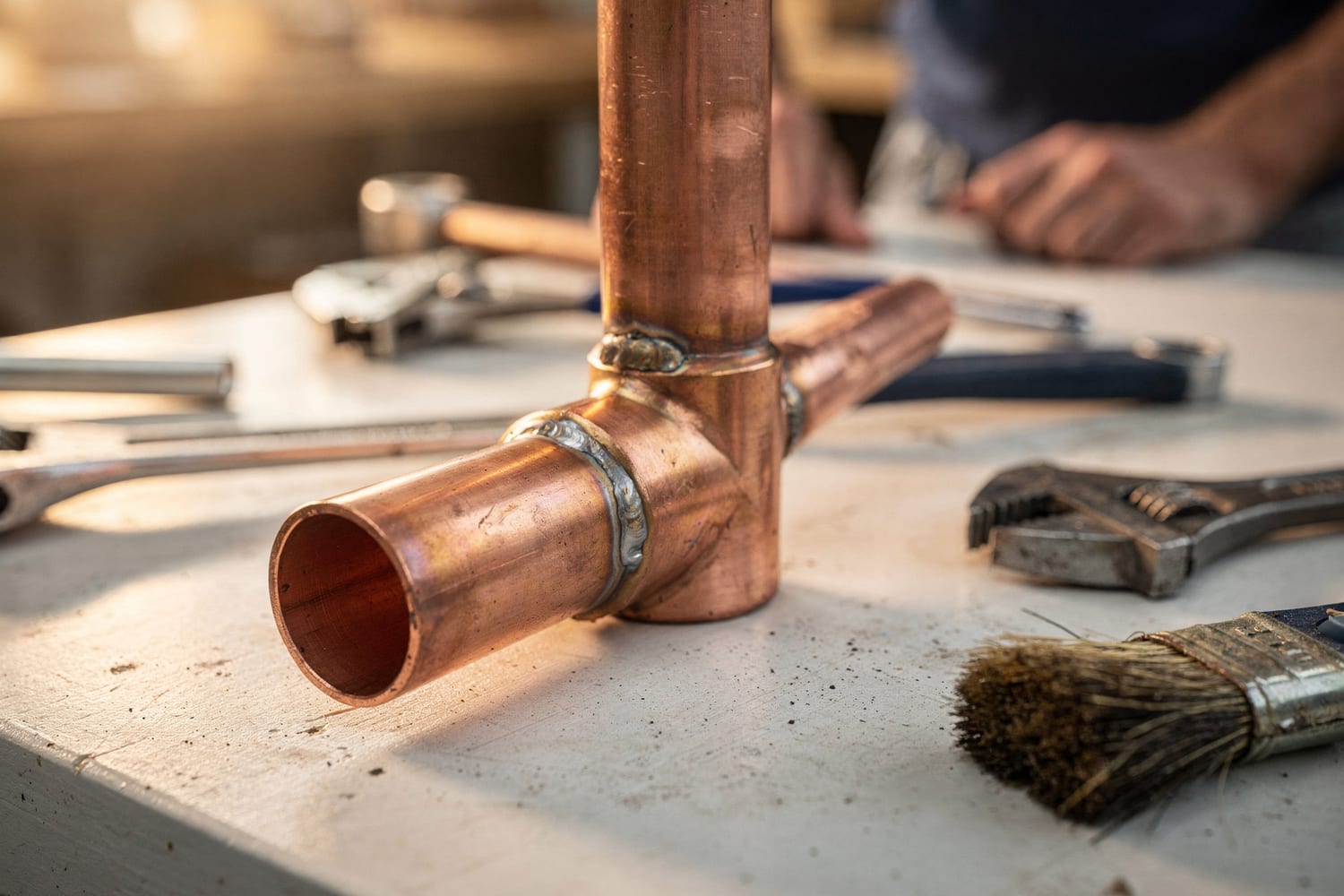 A freshly soldered copper pipe joint on a plumber’s workbench