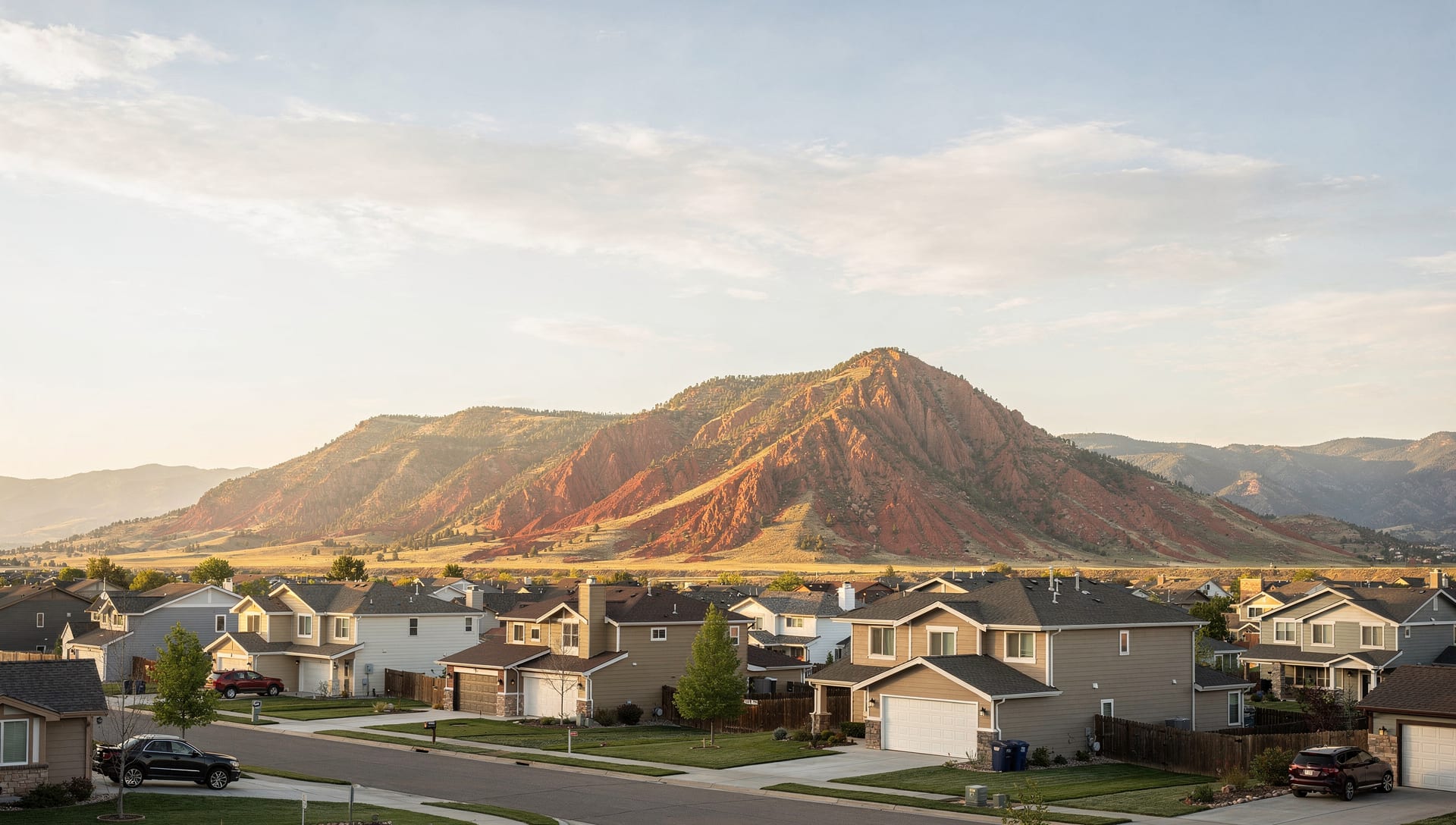 The Colorado Front Range foothills and red-rock hogback above Littleton in warm golden light